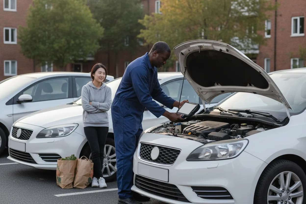 Mechanic checking a car engine with a diagnostic tablet in an apartment parking lot while a woman with grocery bags waits nearby