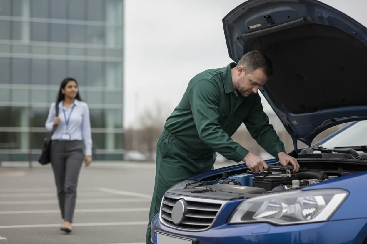 Mechanic in a green work uniform working under the hood of a blue car in an office parking lot while a woman with a laptop bag walks toward the building
