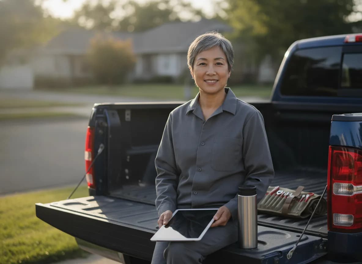 Smiling mechanic sitting on the open tailgate of a pickup truck with a tablet, a thermos and a tool roll beside her